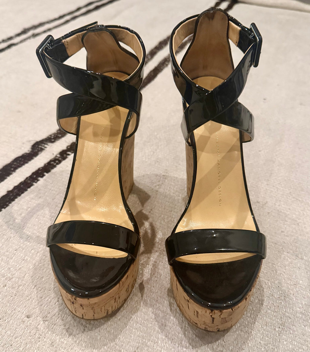 Giuseppe Zanotti Patent Leather Cork Wedges. Timeless Italian luxury wedges crafted in glossy black patent leather with a cork platform heel - 38