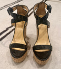 Giuseppe Zanotti Patent Leather Cork Wedges. Timeless Italian luxury wedges crafted in glossy black patent leather with a cork platform heel - 38