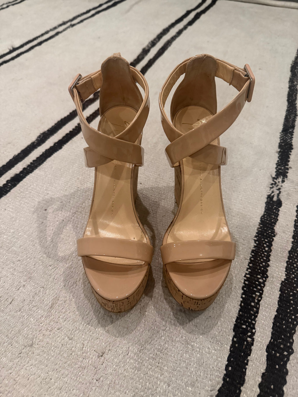 Giuseppe Zanotti Patent Leather Cork Wedges. Elegant Italian-crafted wedges in glossy nude patent leather with a cork platform heel - 38