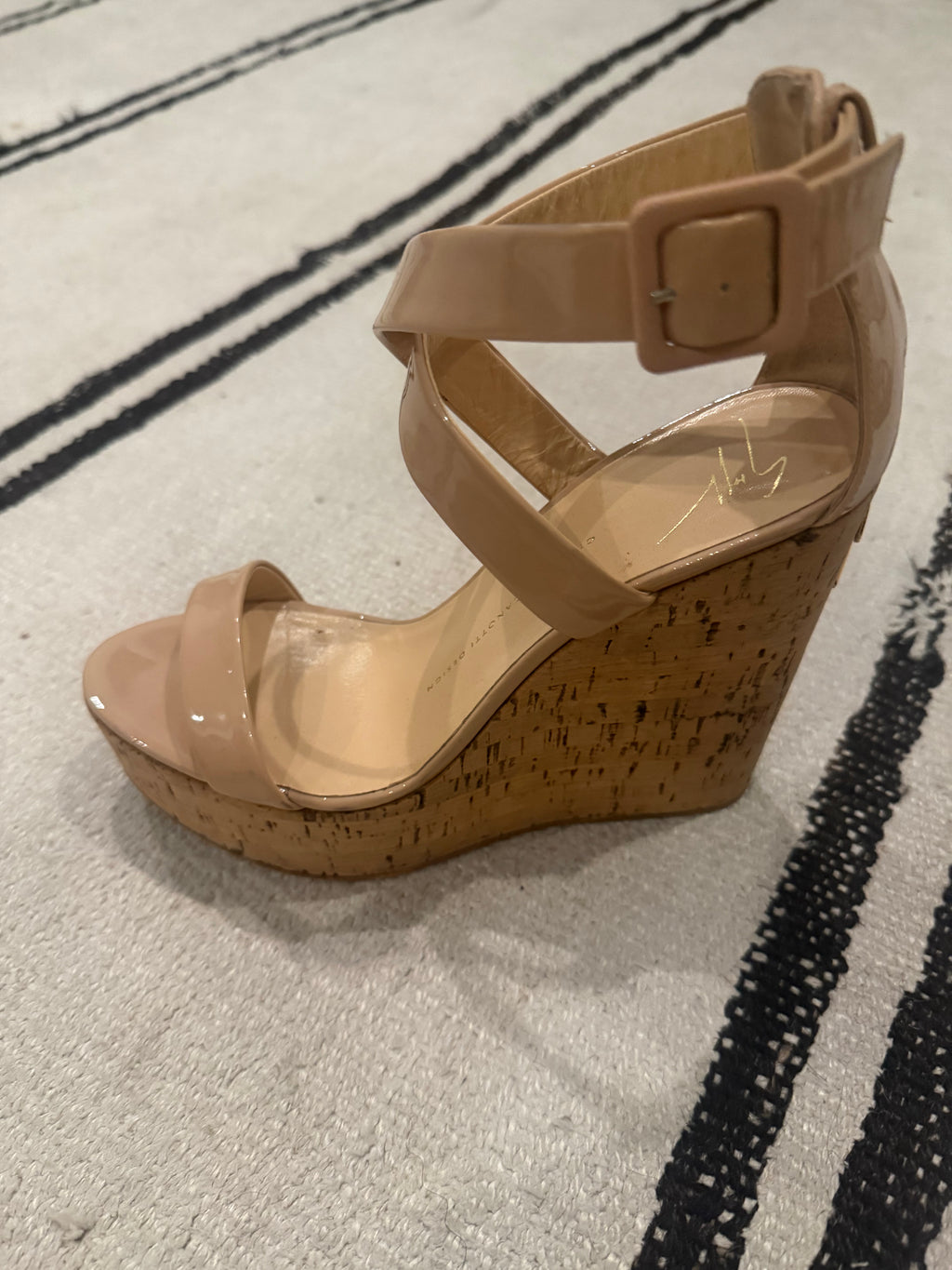 Giuseppe Zanotti Patent Leather Cork Wedges. Elegant Italian-crafted wedges in glossy nude patent leather with a cork platform heel - 38