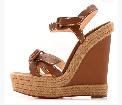 CHRISTIAN LOUBOUTIN Calfskin Rope Zero Problem 140 Espadrille Wedges 39 Brown