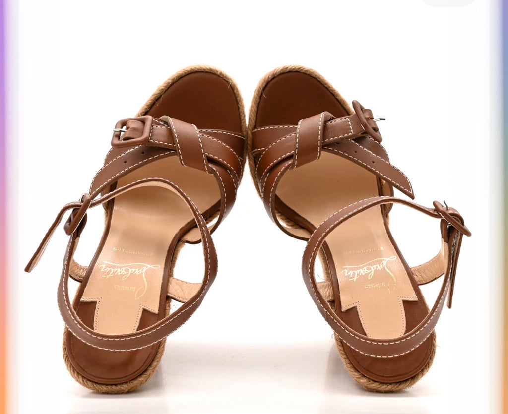 CHRISTIAN LOUBOUTIN Calfskin Rope Zero Problem 140 Espadrille Wedges 39 Brown