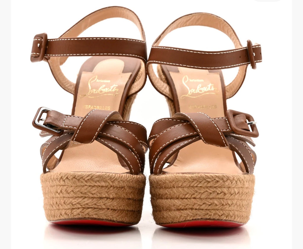 CHRISTIAN LOUBOUTIN Calfskin Rope Zero Problem 140 Espadrille Wedges 39 Brown